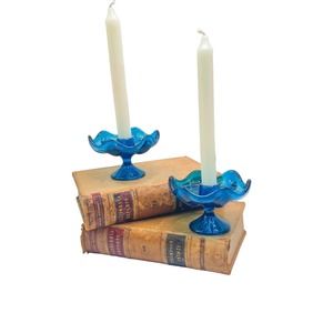 Vintage Viking Footed Blue Taper Glass Candle Holders Scalloped Edges Set of 2